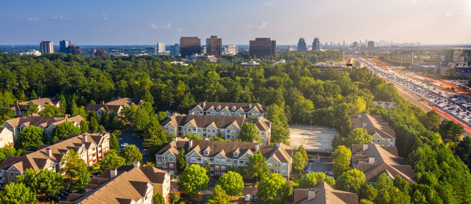 Drone view of a sunny day in the Atlanta suburbs