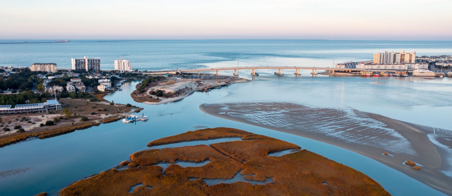 Drone view of the Chesapeake Bay on an overcast day in Virginia