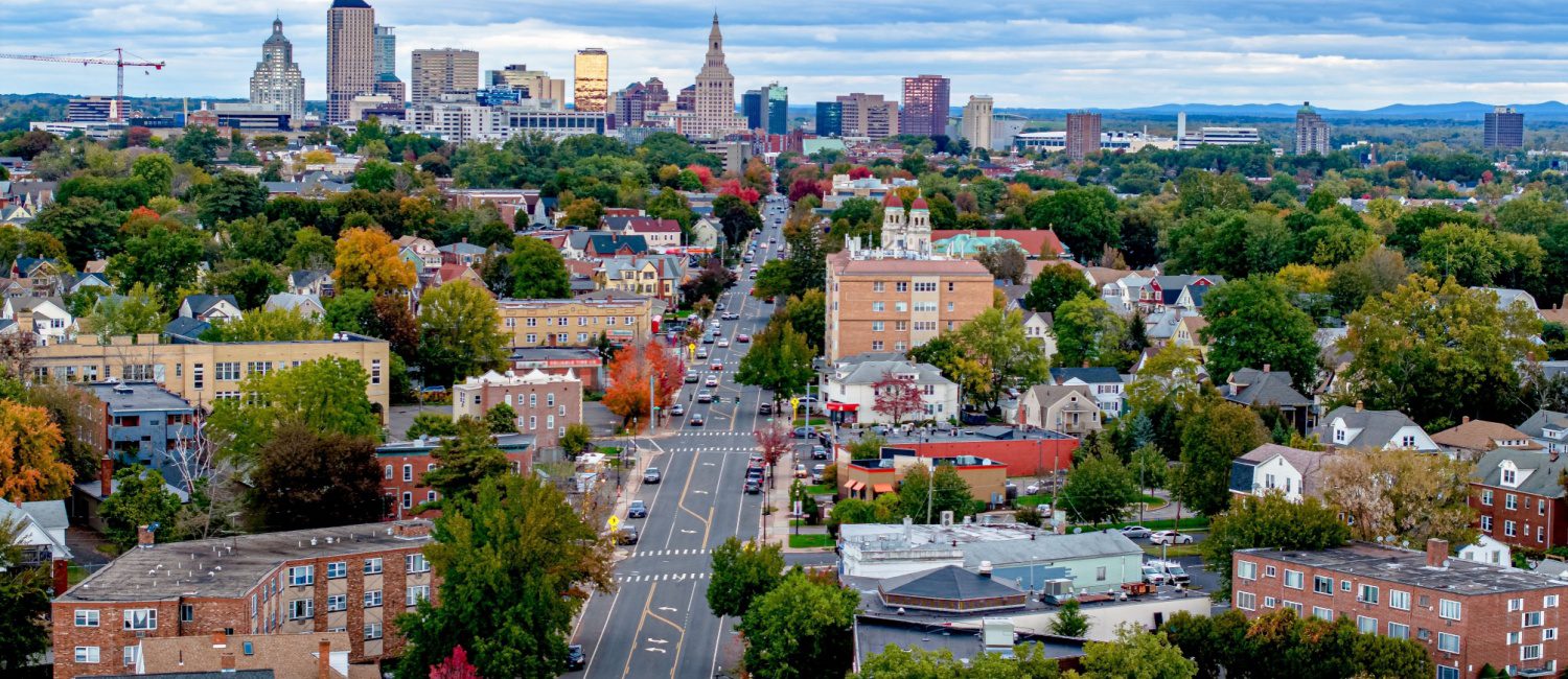 Drone view of Hartford, a Connecticut city full of pros and cons