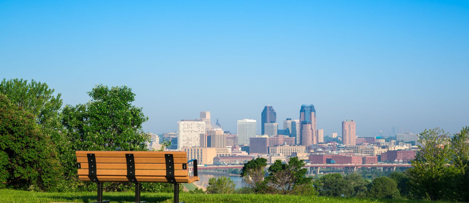Bench overlooking the St. Paul, MN, skyline