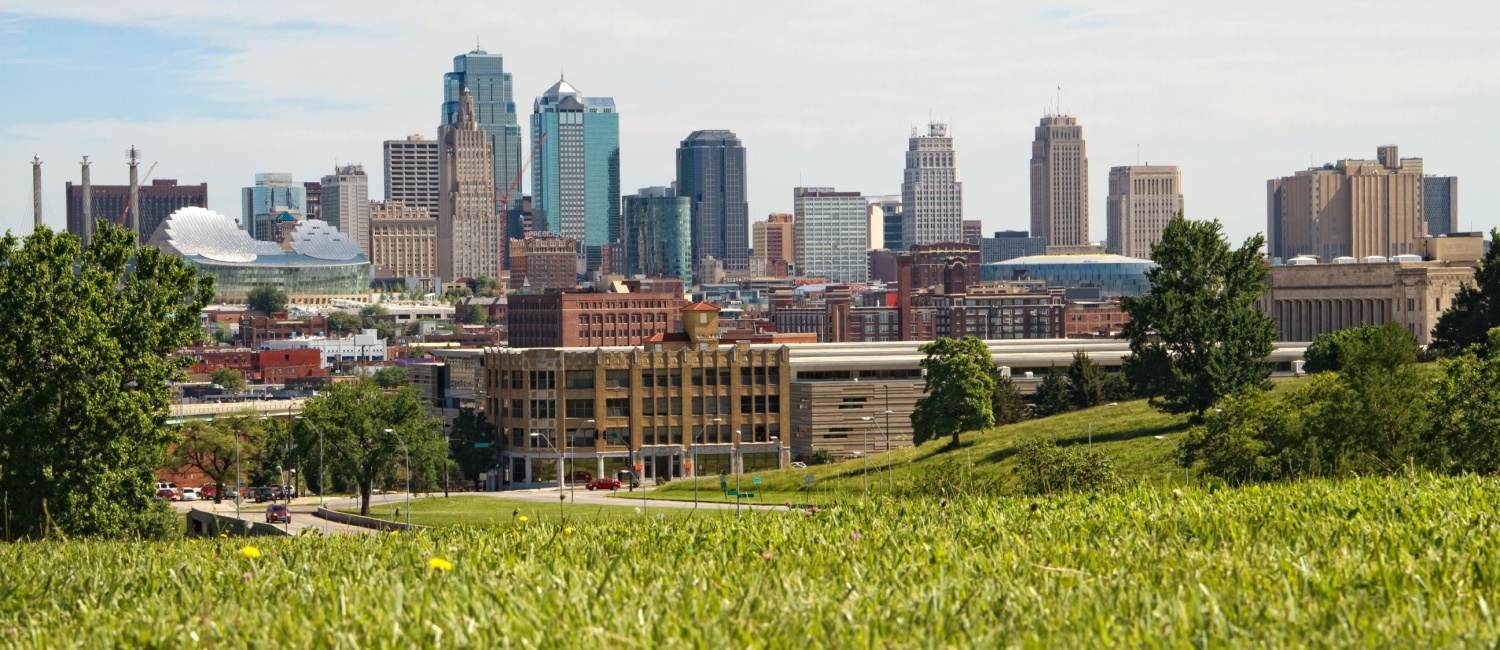 View of the Kansas City skyline from the surrounding suburbs on a sunny day in Missouri